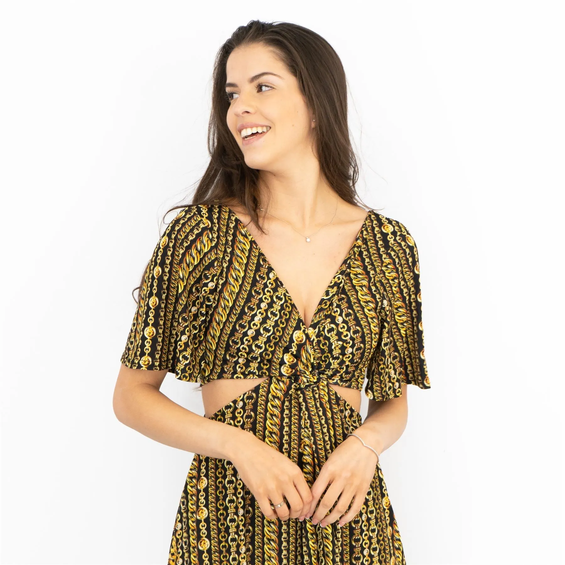 Karen Millen Side Cut Out Gold Chain Print Jersey Short Sleeve Mini Dress