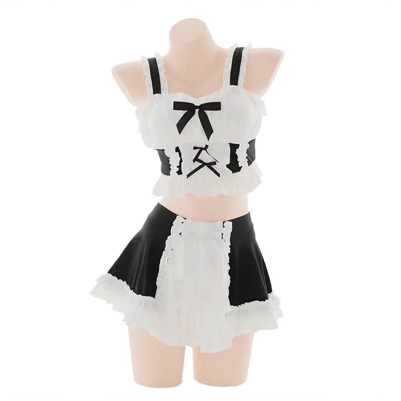 Maid Ribbon Bows Layered Ruffle Hem Two Pieces Swimwear