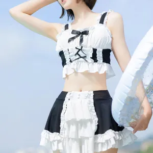 Maid Ribbon Bows Layered Ruffle Hem Two Pieces Swimwear