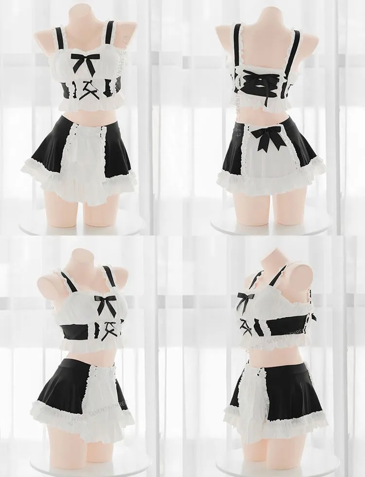 Maid Ribbon Bows Layered Ruffle Hem Two Pieces Swimwear