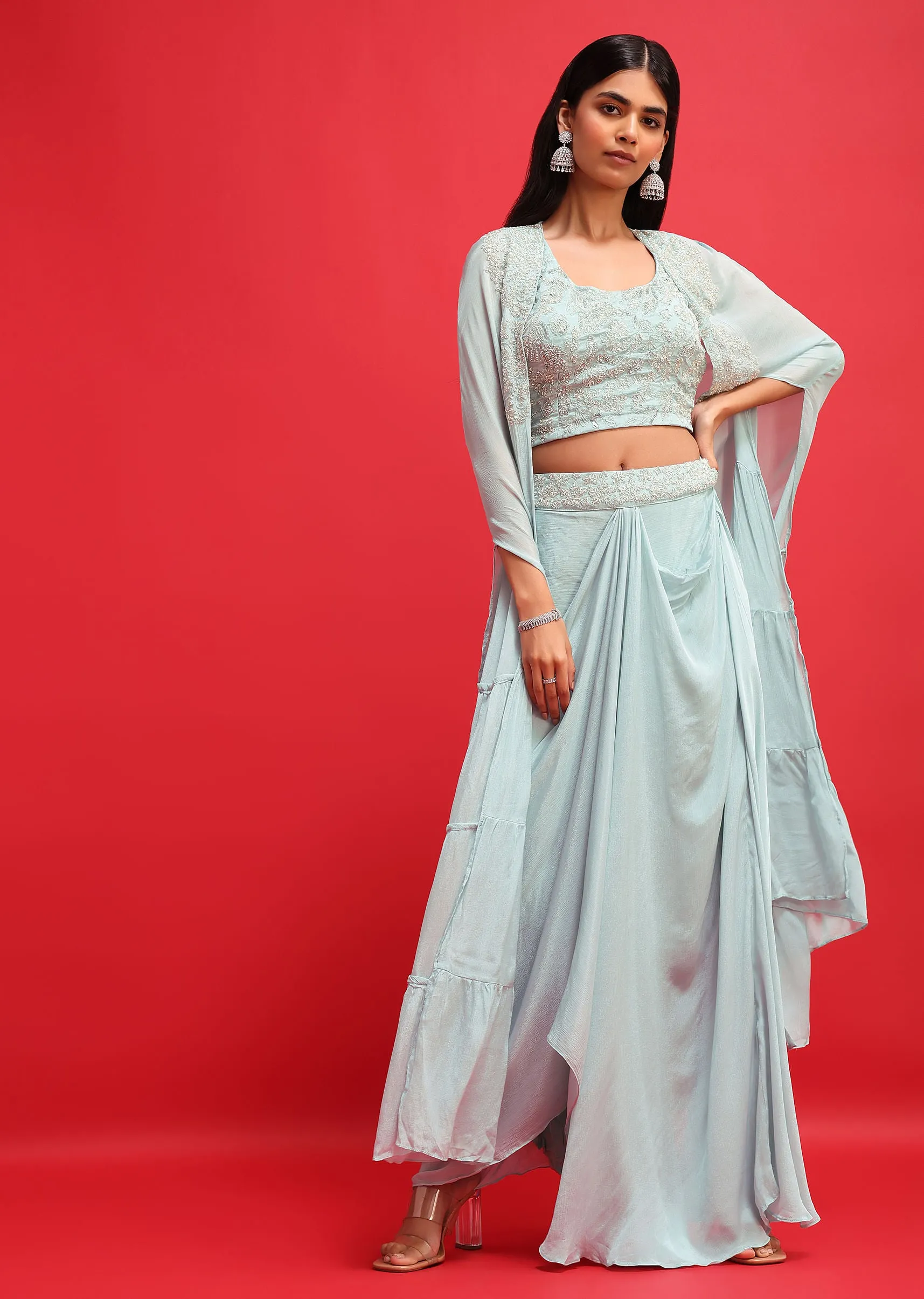 Mint Blue Embroidered Crop Top Set With Jacket