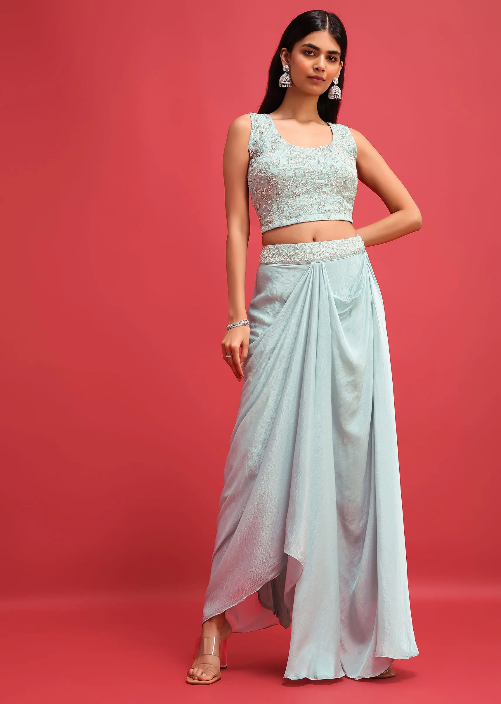 Mint Blue Embroidered Crop Top Set With Jacket