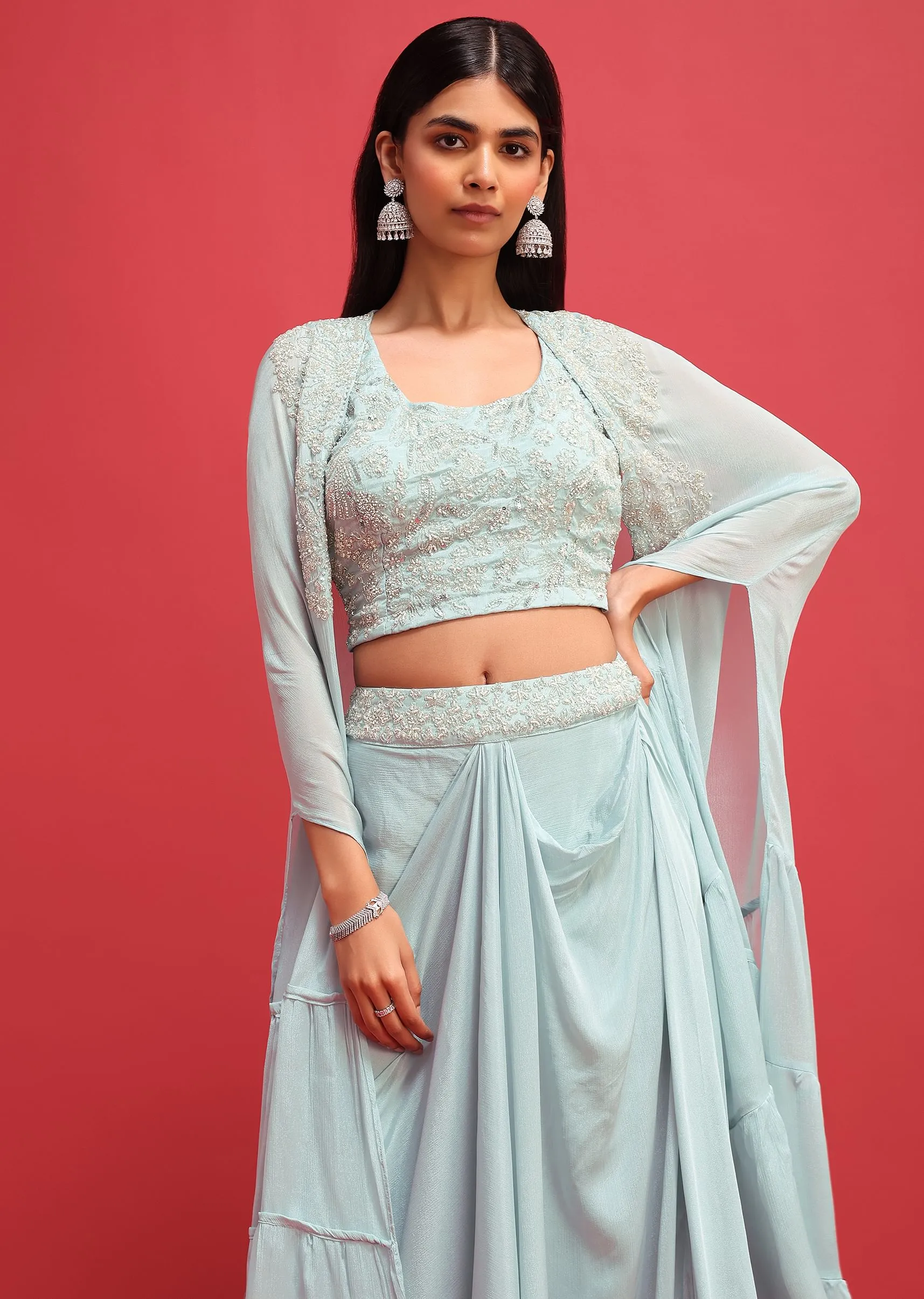 Mint Blue Embroidered Crop Top Set With Jacket