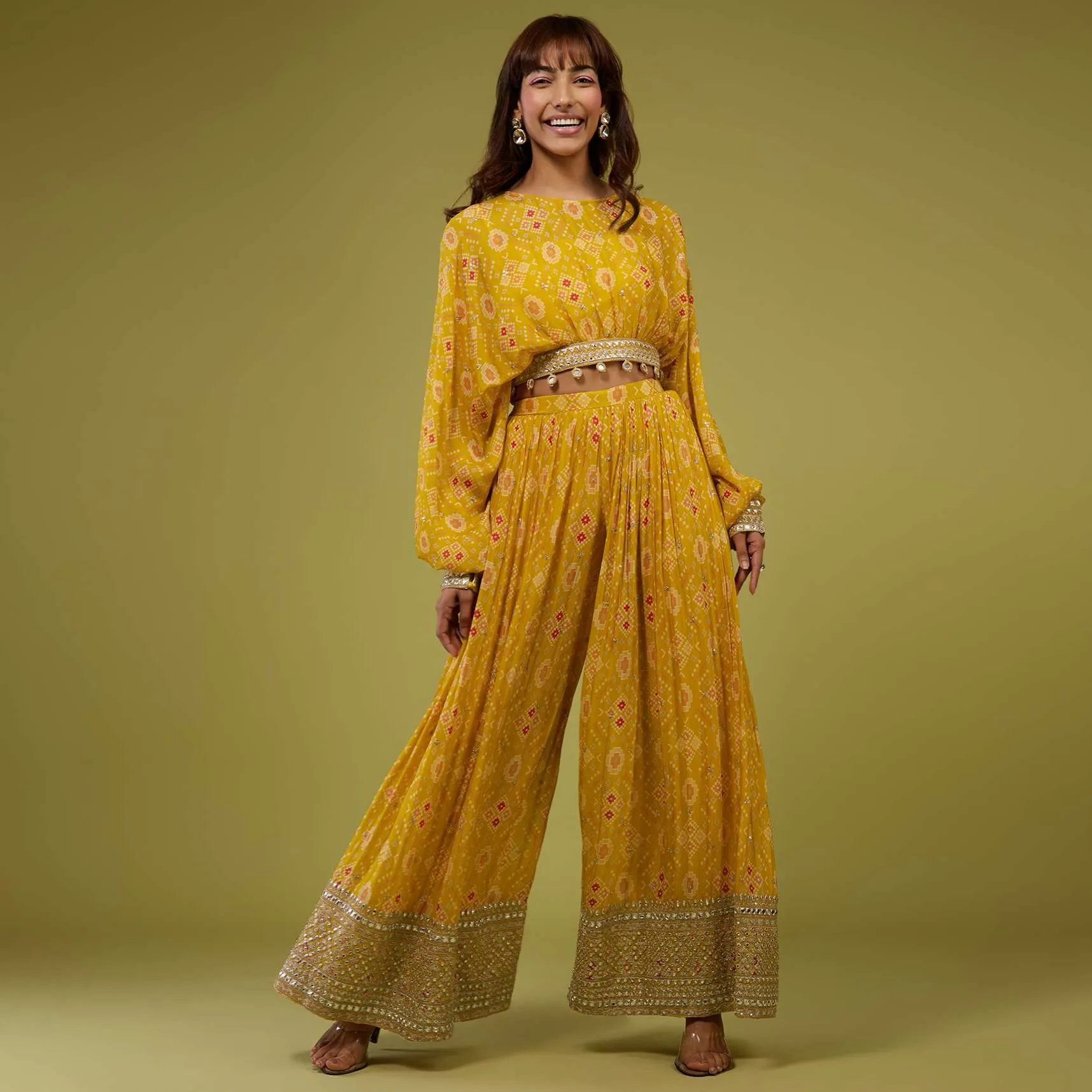 Mustard Yellow Patola Print Crop Top And Palazzo Set In Dola Silk