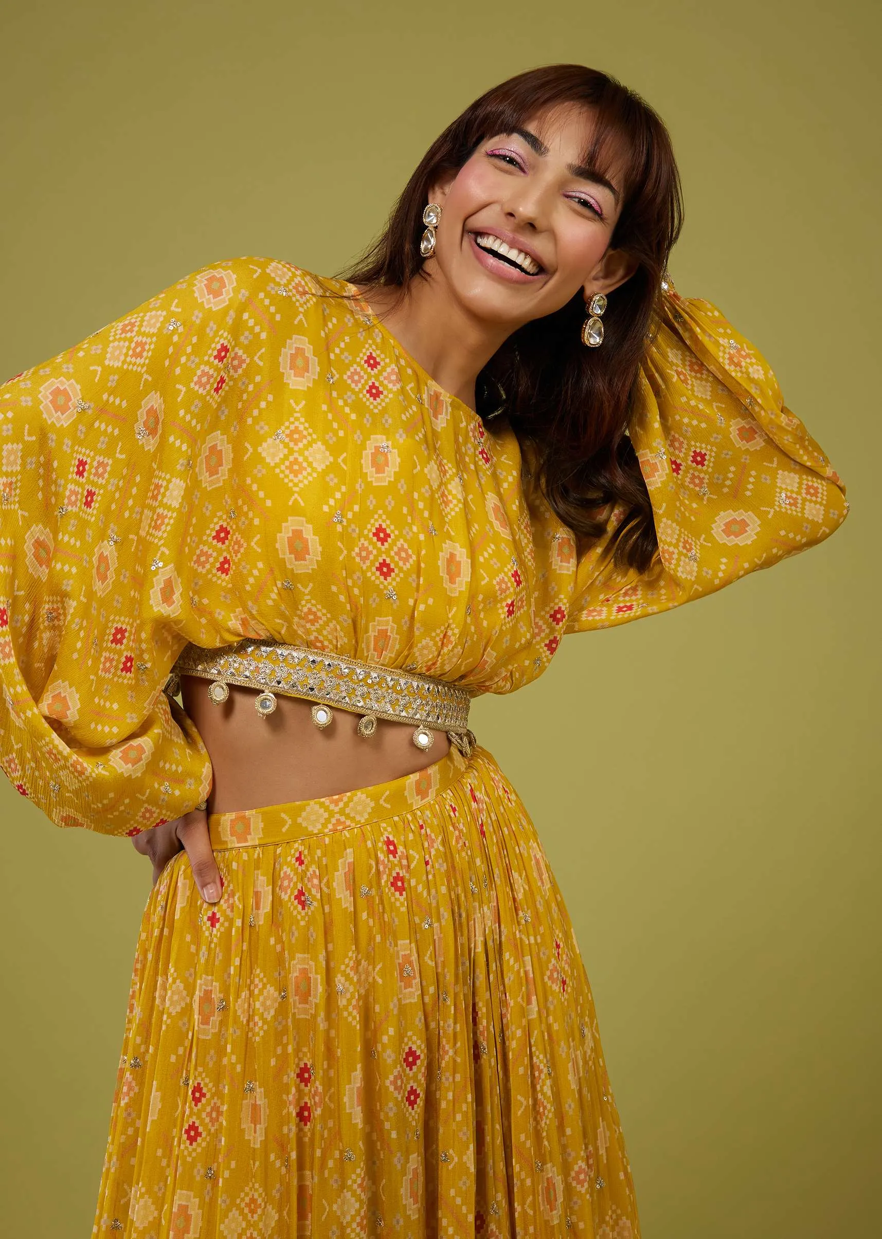 Mustard Yellow Patola Print Crop Top And Palazzo Set In Dola Silk