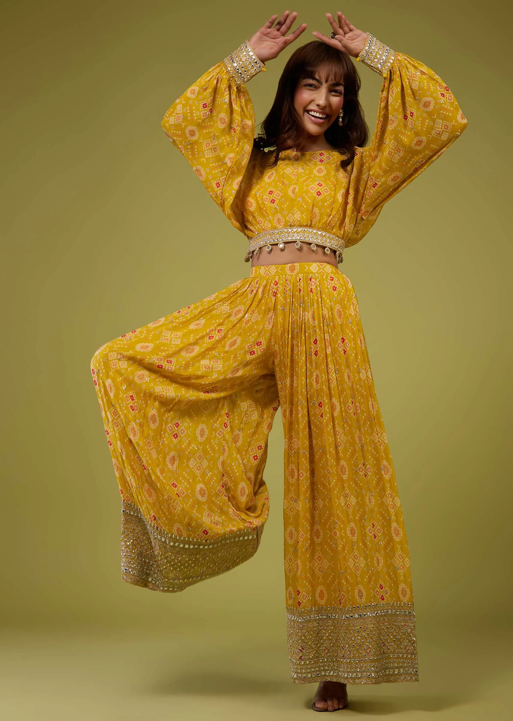 Mustard Yellow Patola Print Crop Top And Palazzo Set In Dola Silk