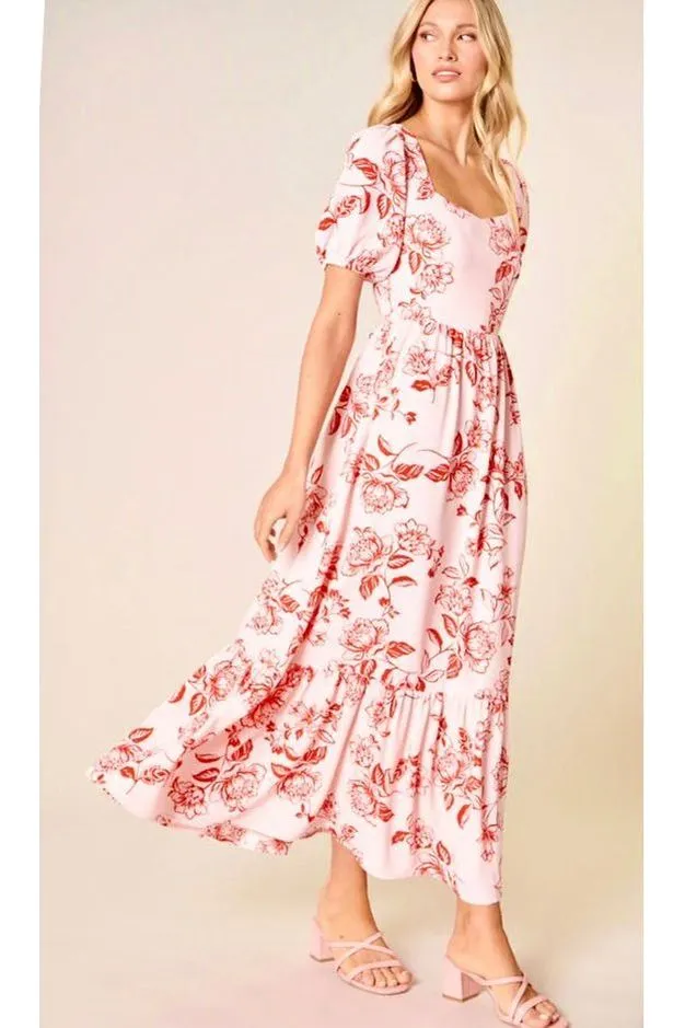 Pink and Red Peony MIDI Dress