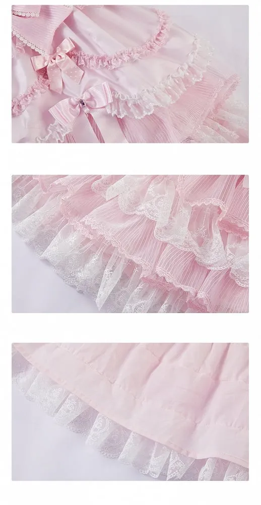 Pink Princess Layered Ruffle Dress Sweet Lolita Jumper Skirt with Detachable Puff Sleeves