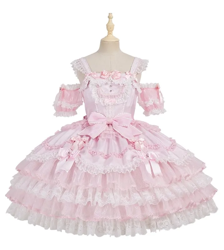 Pink Princess Layered Ruffle Dress Sweet Lolita Jumper Skirt with Detachable Puff Sleeves