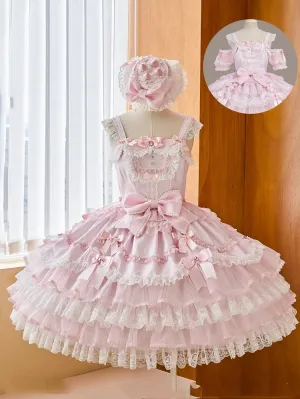 Pink Princess Layered Ruffle Dress Sweet Lolita Jumper Skirt with Detachable Puff Sleeves