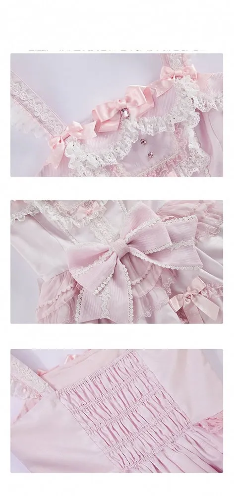 Pink Princess Layered Ruffle Dress Sweet Lolita Jumper Skirt with Detachable Puff Sleeves