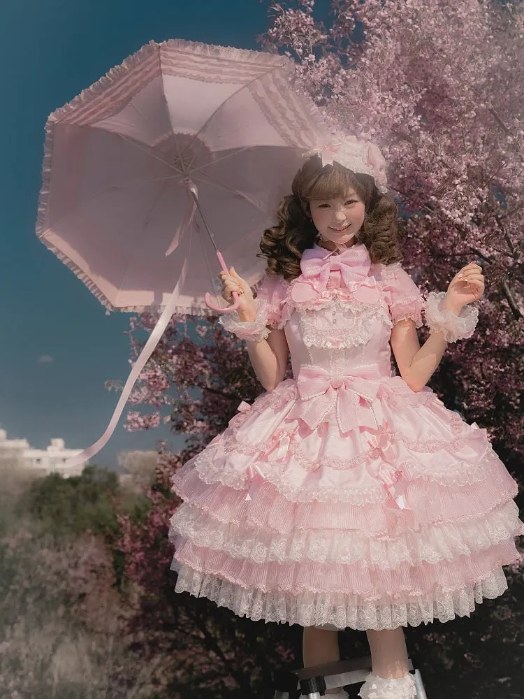 Pink Princess Layered Ruffle Dress Sweet Lolita Jumper Skirt with Detachable Puff Sleeves