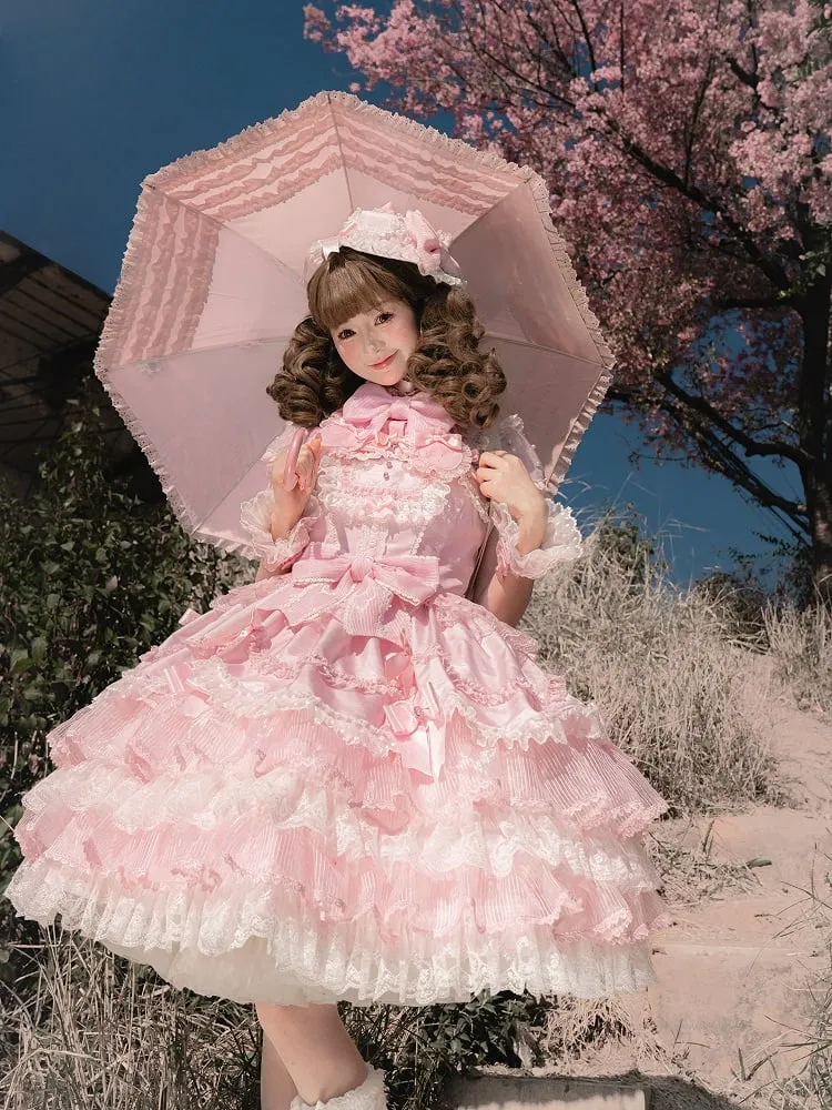 Pink Princess Layered Ruffle Dress Sweet Lolita Jumper Skirt with Detachable Puff Sleeves