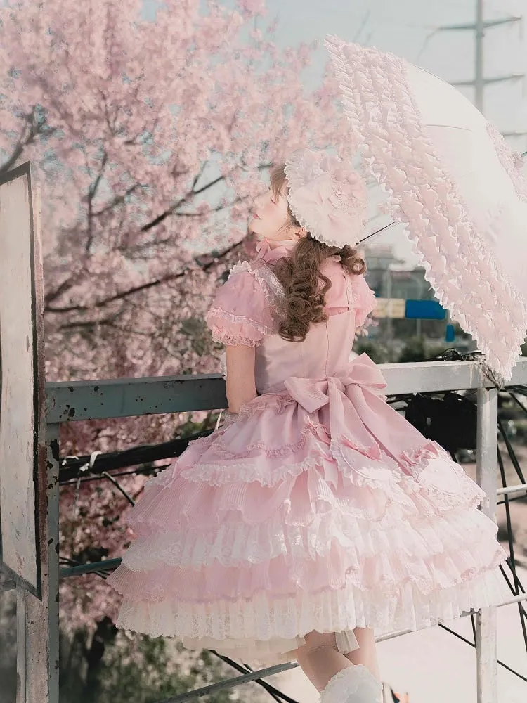 Pink Princess Layered Ruffle Dress Sweet Lolita Jumper Skirt with Detachable Puff Sleeves