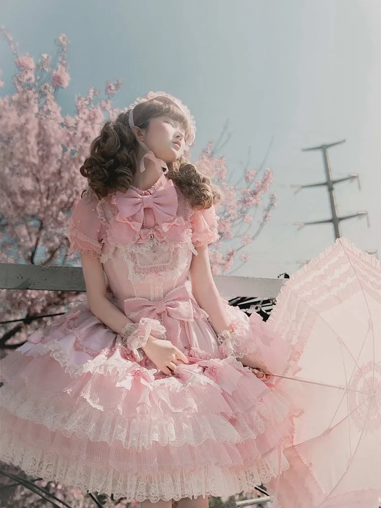 Pink Princess Layered Ruffle Dress Sweet Lolita Jumper Skirt with Detachable Puff Sleeves
