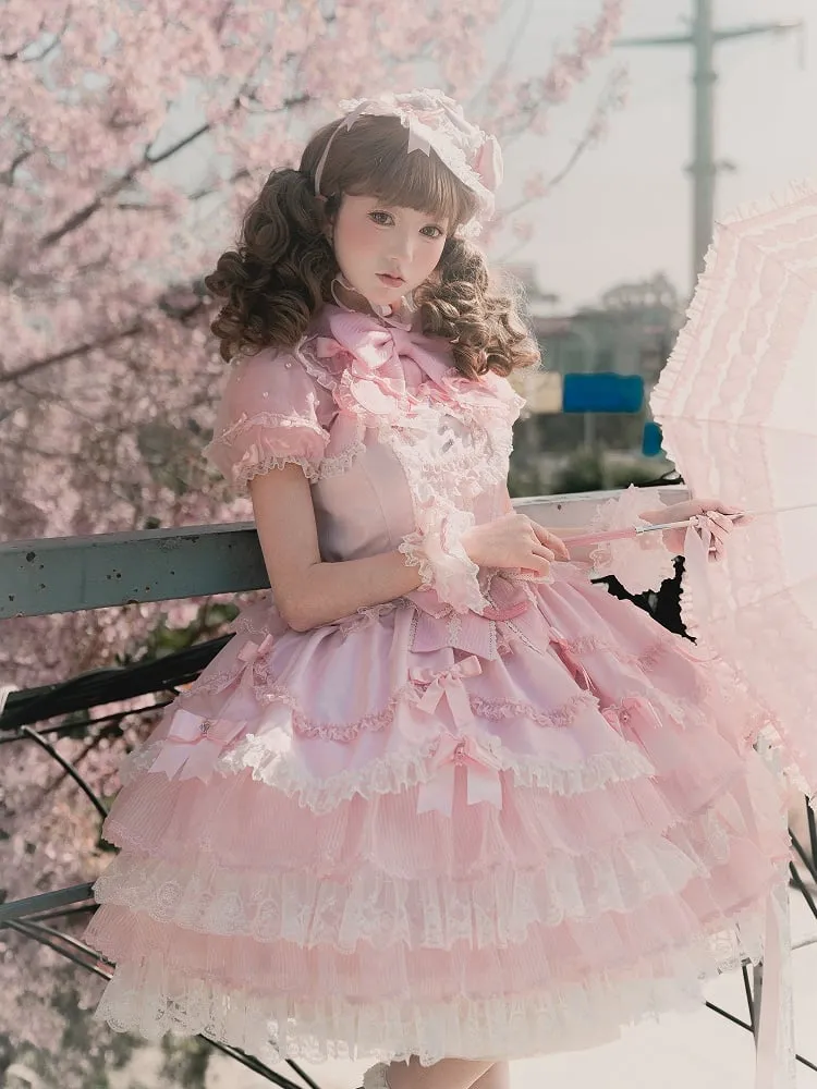 Pink Princess Layered Ruffle Dress Sweet Lolita Jumper Skirt with Detachable Puff Sleeves