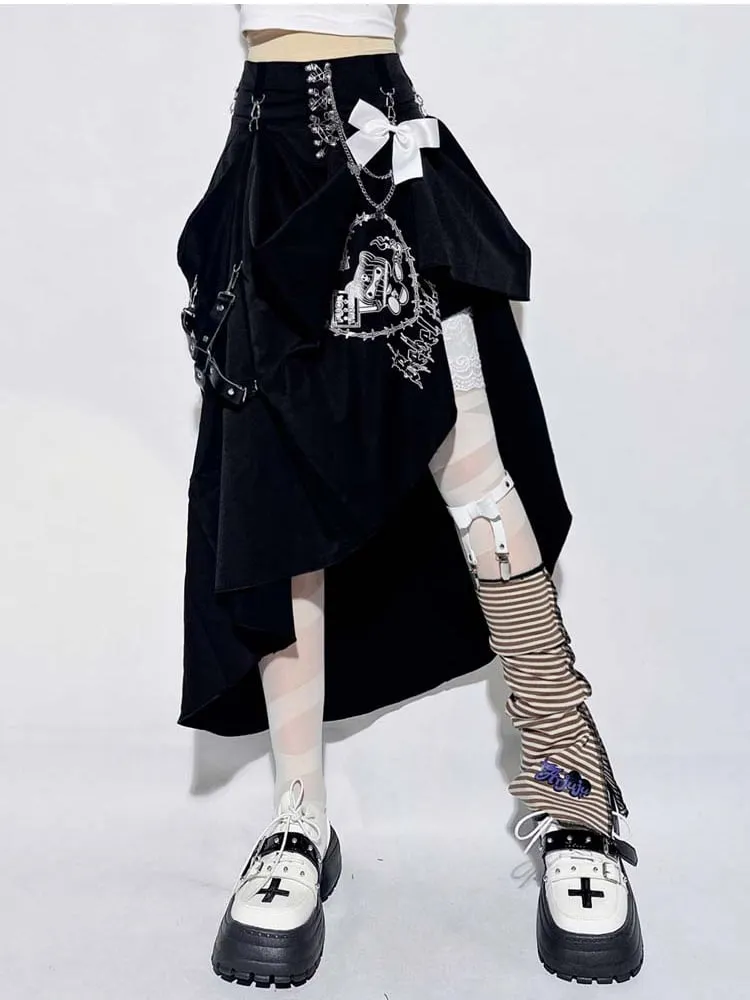Punk Black Pin Chain Asymmetrical Hem Kitty Detachable Bow Skirt
