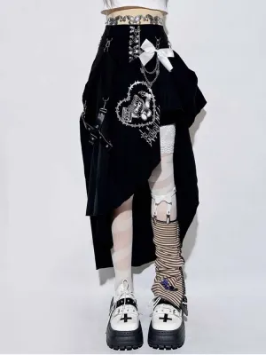Punk Black Pin Chain Asymmetrical Hem Kitty Detachable Bow Skirt