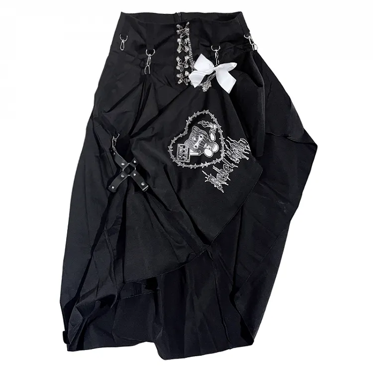 Punk Black Pin Chain Asymmetrical Hem Kitty Detachable Bow Skirt