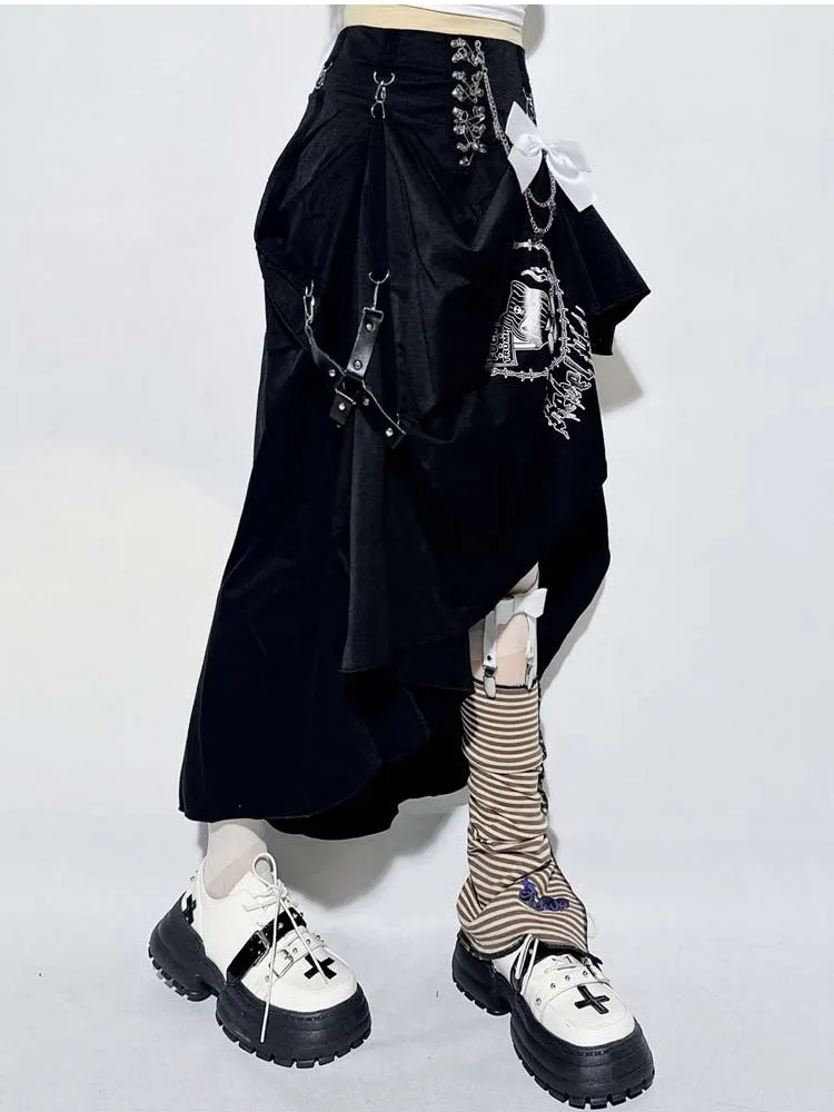 Punk Black Pin Chain Asymmetrical Hem Kitty Detachable Bow Skirt