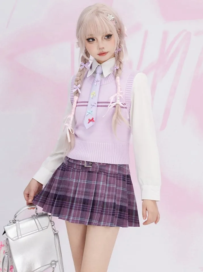 Purple Buckle Strap Preppy Style Plaid Pleated Skirt
