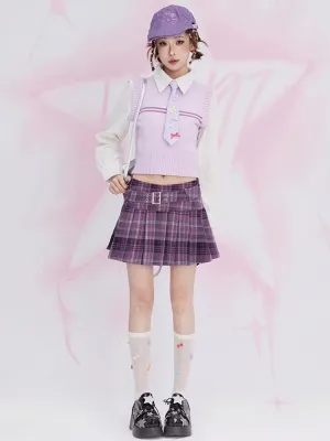 Purple Buckle Strap Preppy Style Plaid Pleated Skirt