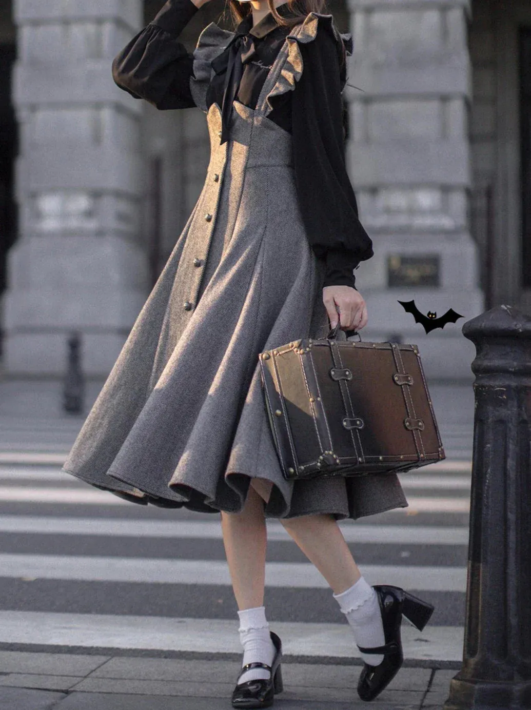Sleeve Skirt Shoulder   Retro Suspender Black Ruffle Shirt Ribbon Elegant Volume