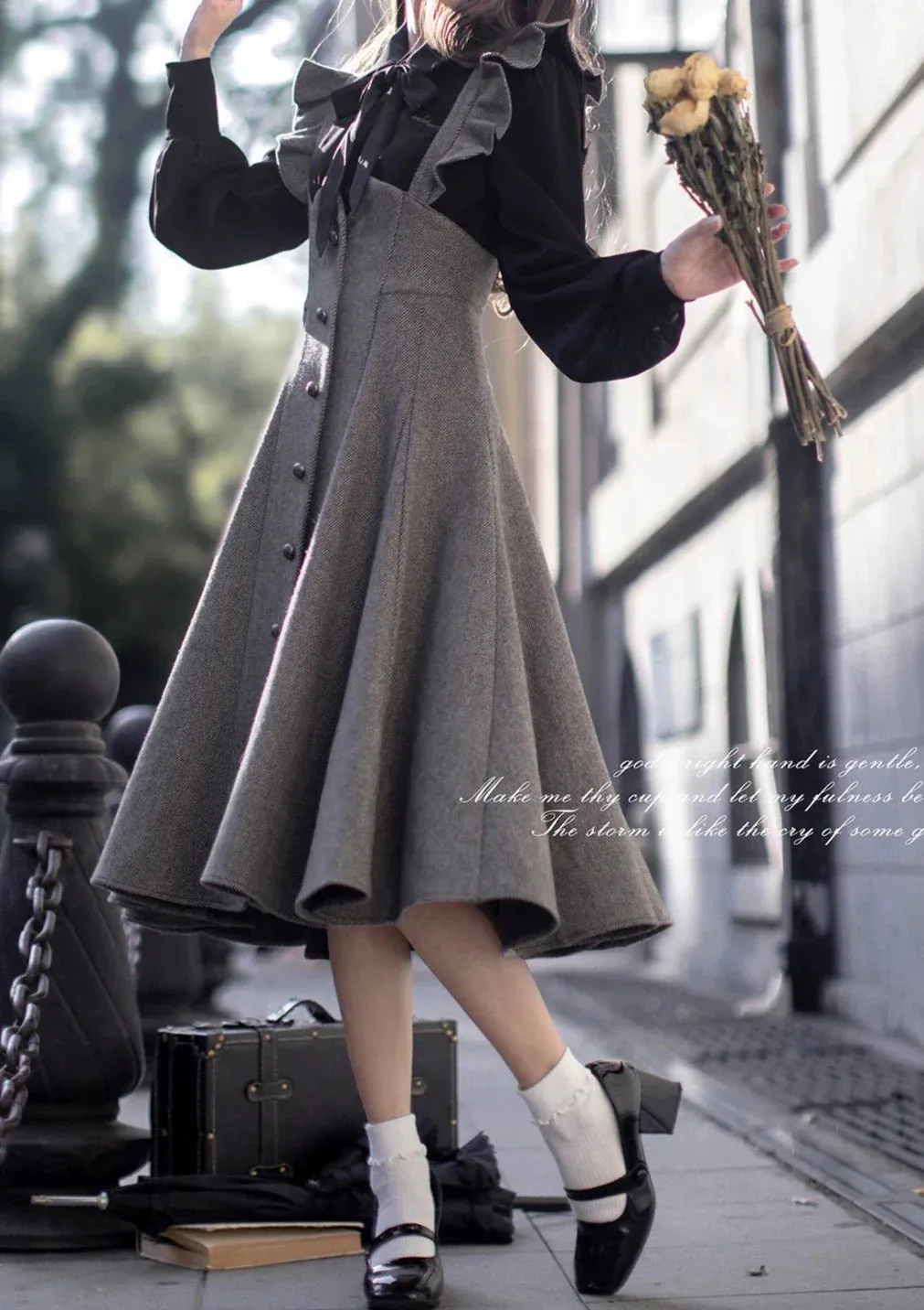 Sleeve Skirt Shoulder   Retro Suspender Black Ruffle Shirt Ribbon Elegant Volume