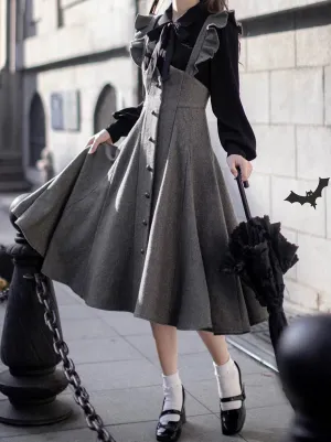 Sleeve Skirt Shoulder   Retro Suspender Black Ruffle Shirt Ribbon Elegant Volume
