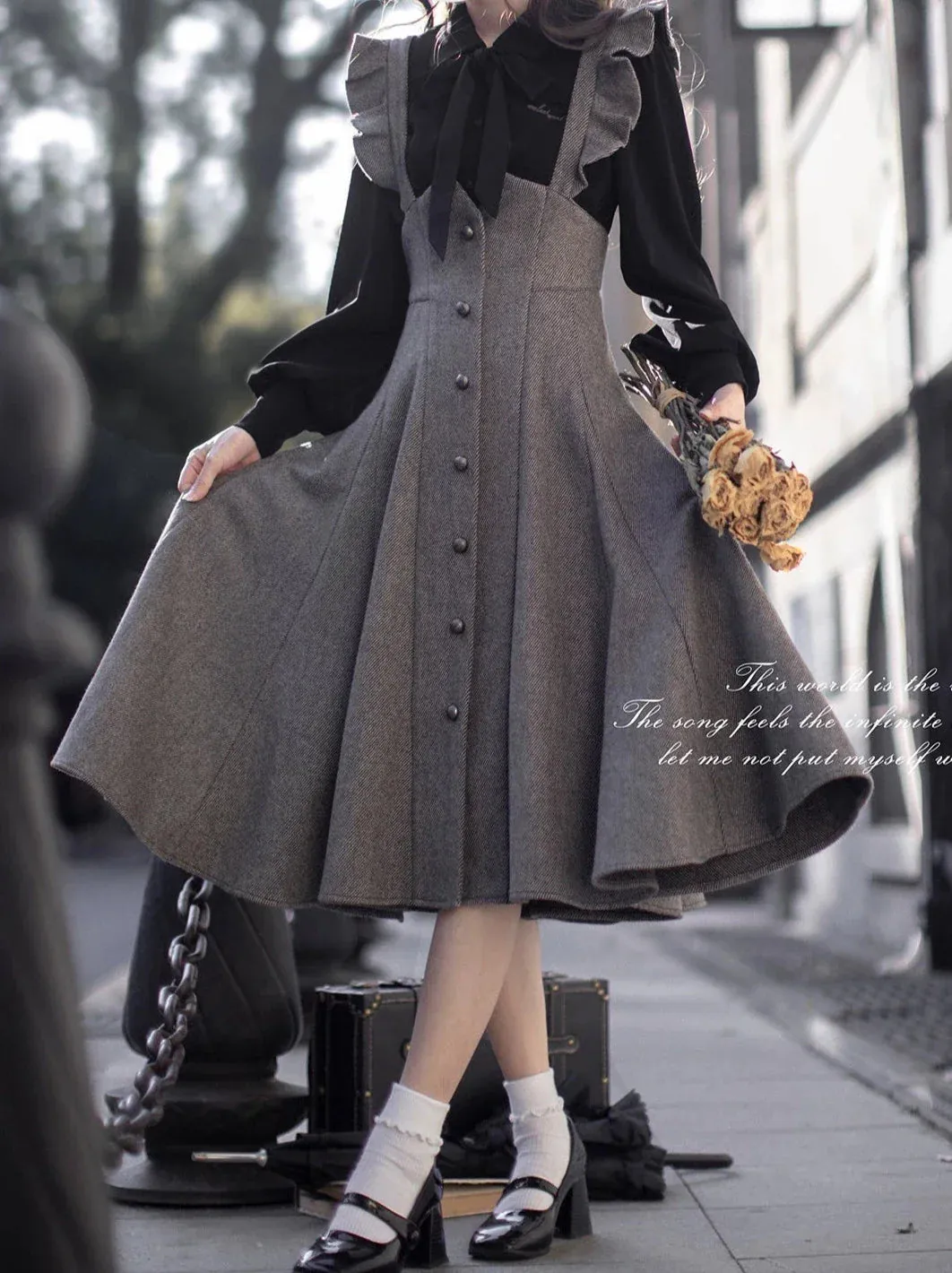 Sleeve Skirt Shoulder   Retro Suspender Black Ruffle Shirt Ribbon Elegant Volume