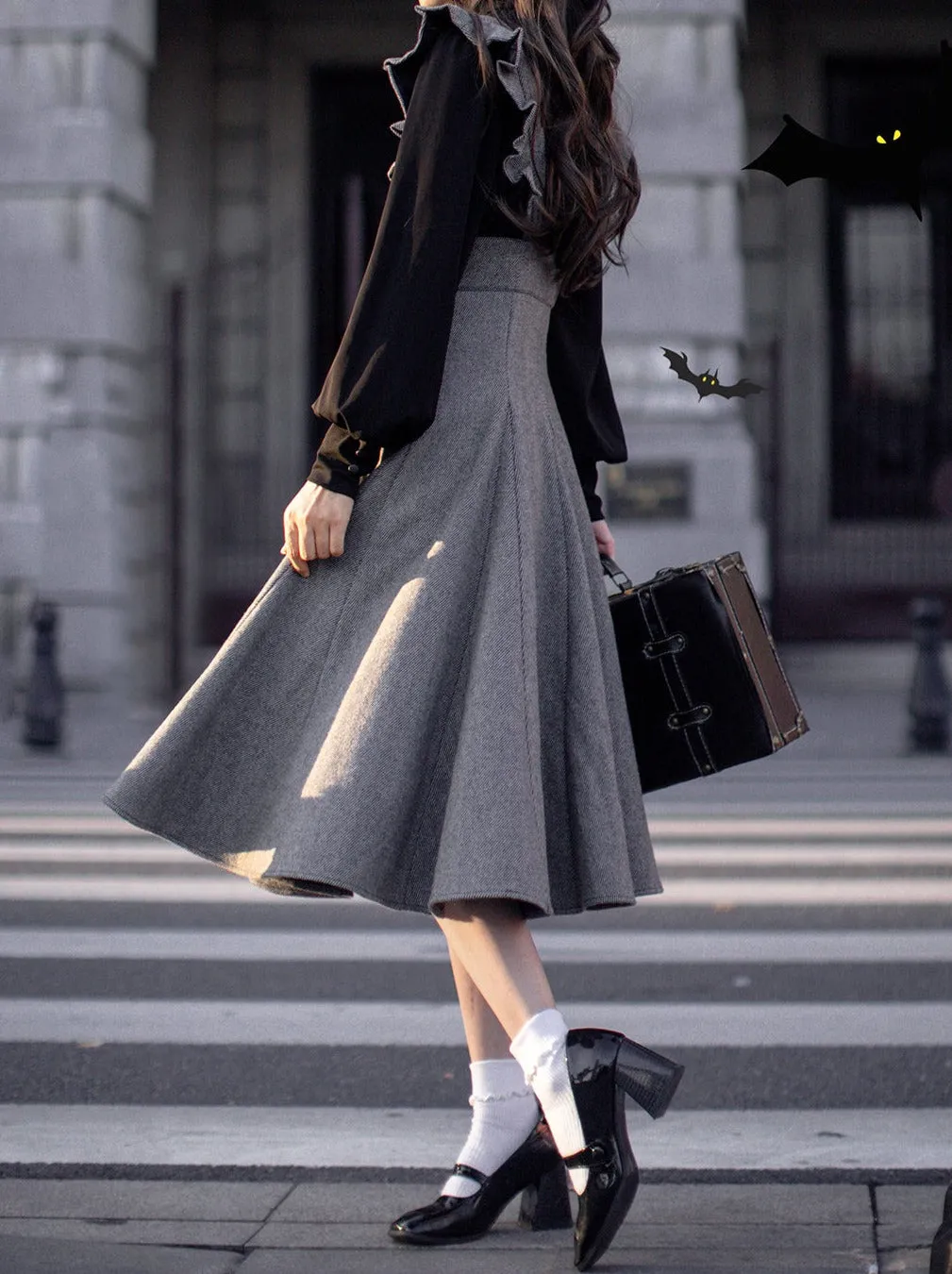 Sleeve Skirt Shoulder   Retro Suspender Black Ruffle Shirt Ribbon Elegant Volume