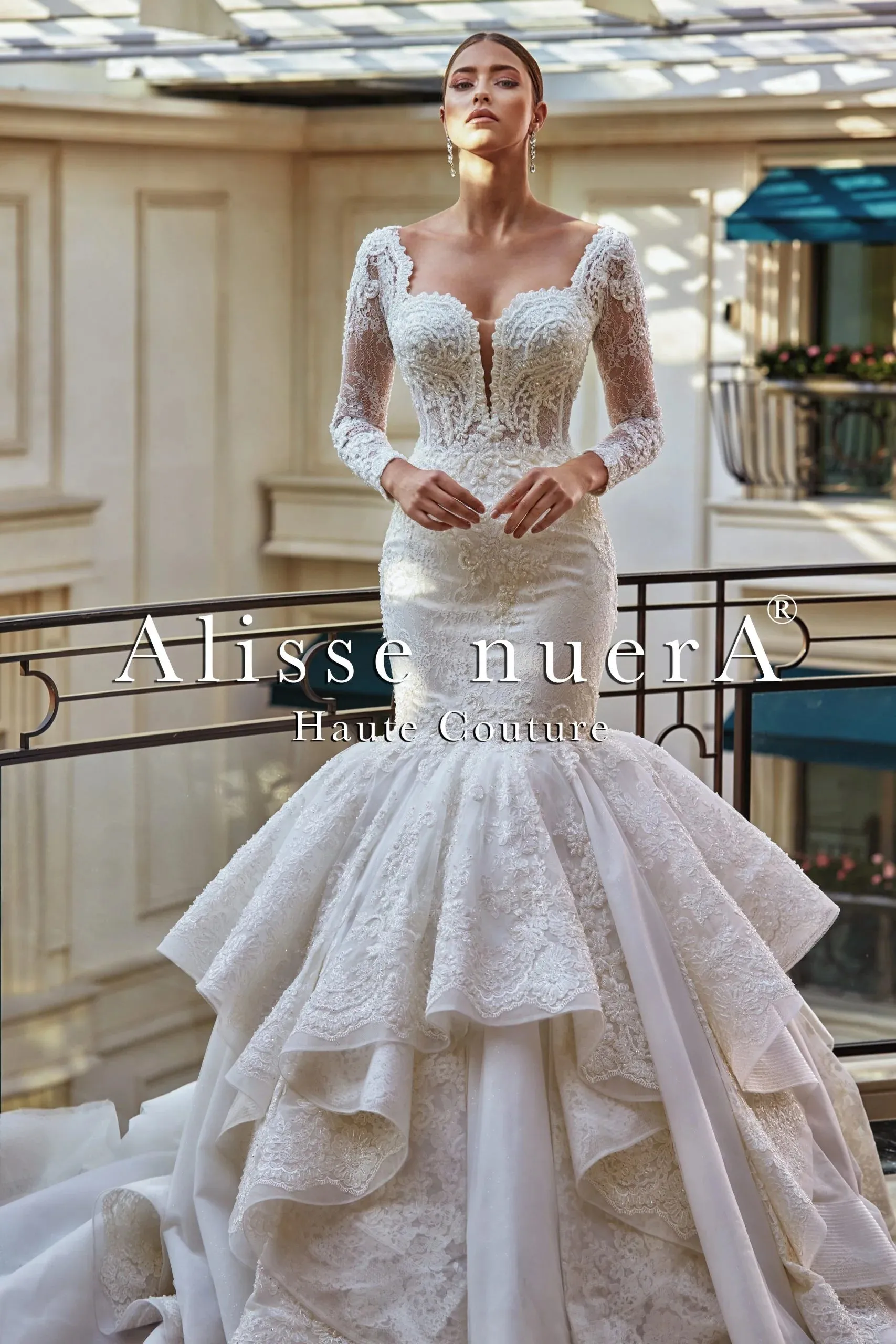 Square Neck Long Sleeve French Lace Wedding Dress with Trumpet Ruffle Skirt