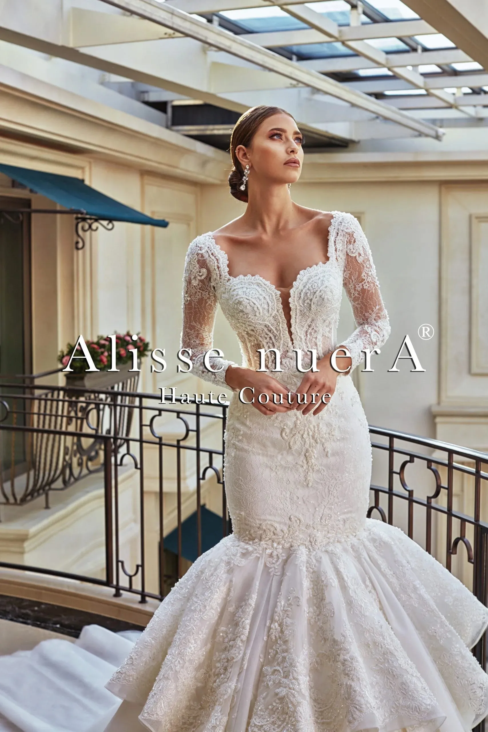 Square Neck Long Sleeve French Lace Wedding Dress with Trumpet Ruffle Skirt