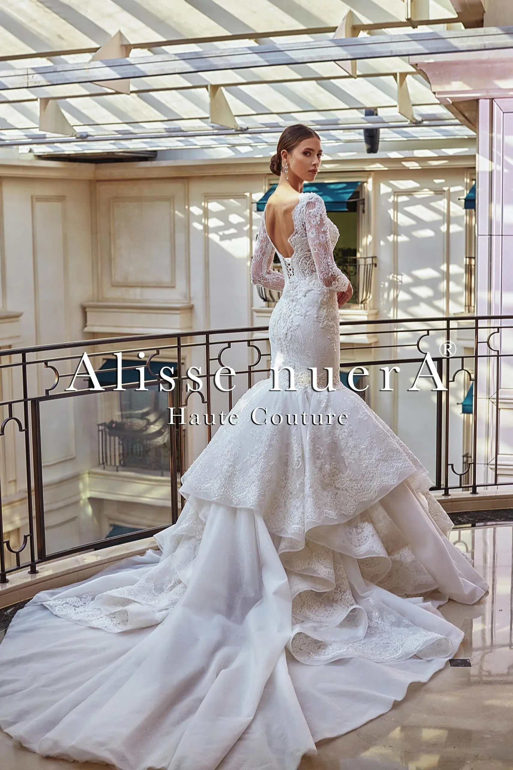 Square Neck Long Sleeve French Lace Wedding Dress with Trumpet Ruffle Skirt
