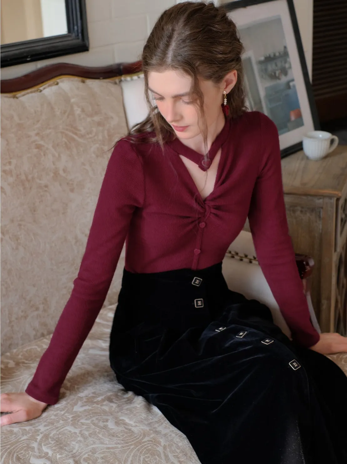 Velvet Black Twist Knit Love French Skirt