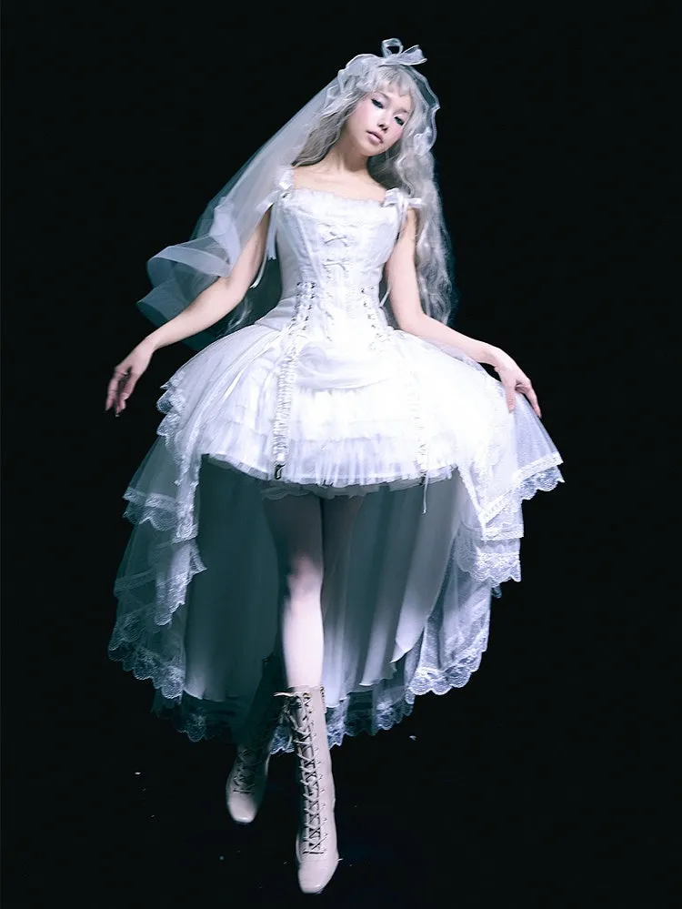 White Lace-up Details Boned Corset Top   High-low Layered Lolita Skirt