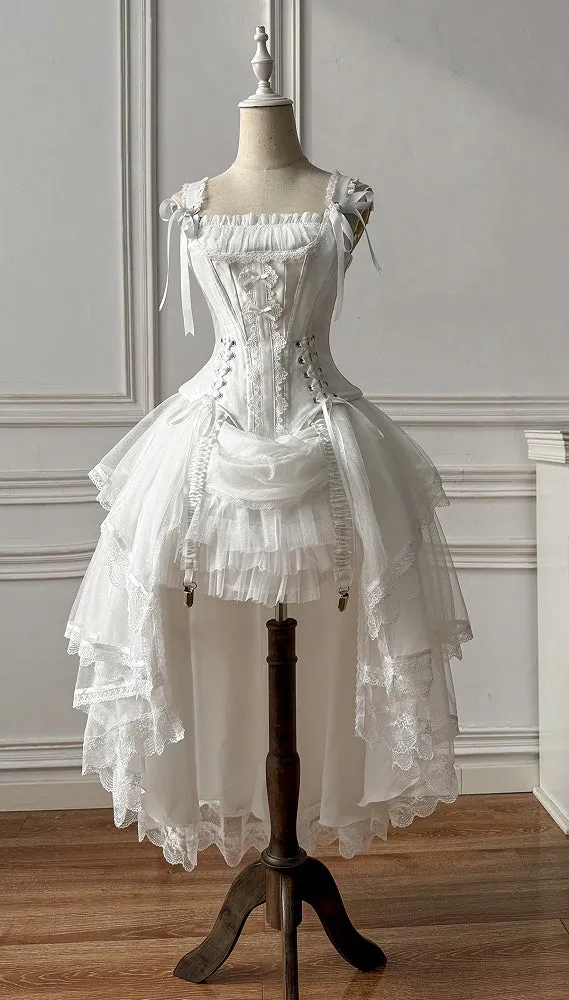 White Lace-up Details Boned Corset Top   High-low Layered Lolita Skirt