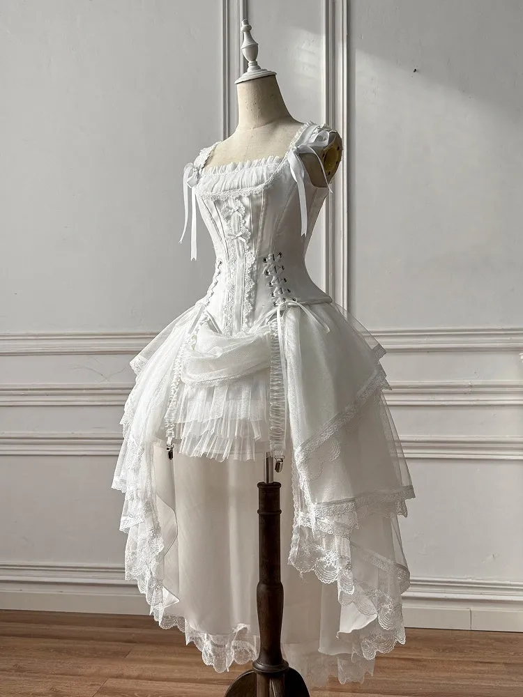 White Lace-up Details Boned Corset Top   High-low Layered Lolita Skirt